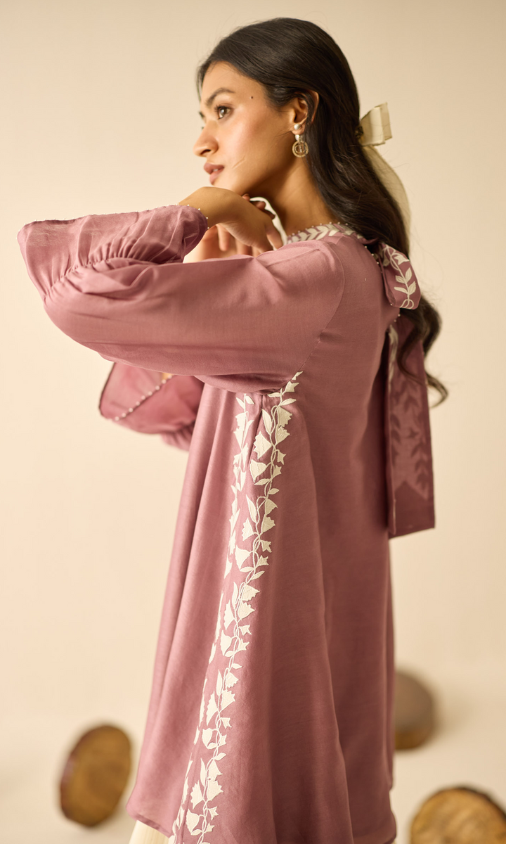 Valentina- Chanderi Tie Up dress with appliqué work