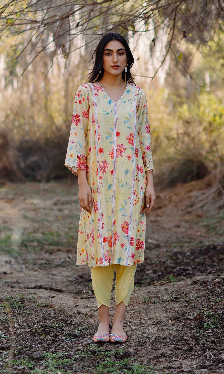 Miraal Set- Periwinkle chanderi hand embroidered kurta with dhoti and dupatta (set of 3)