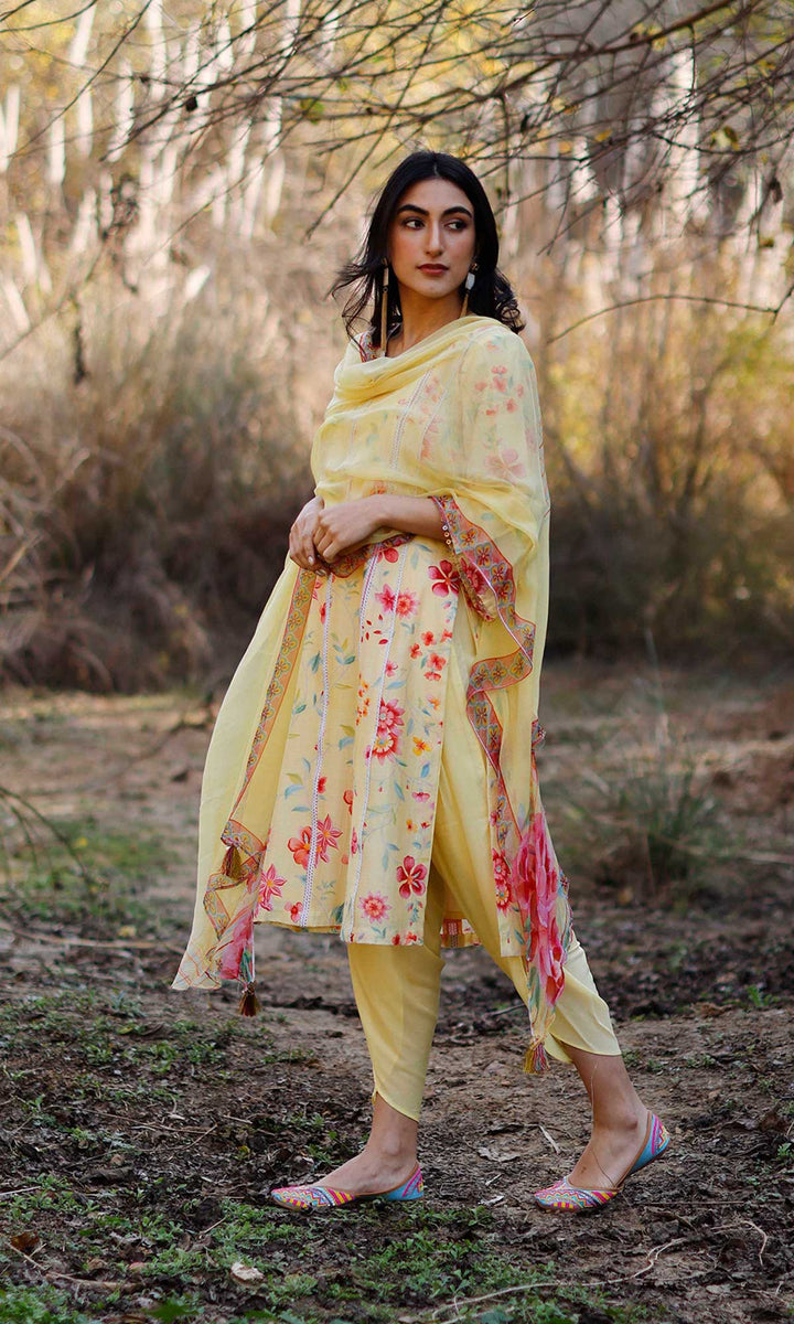 Miraal Set- Periwinkle chanderi hand embroidered kurta with dhoti and dupatta (set of 3)