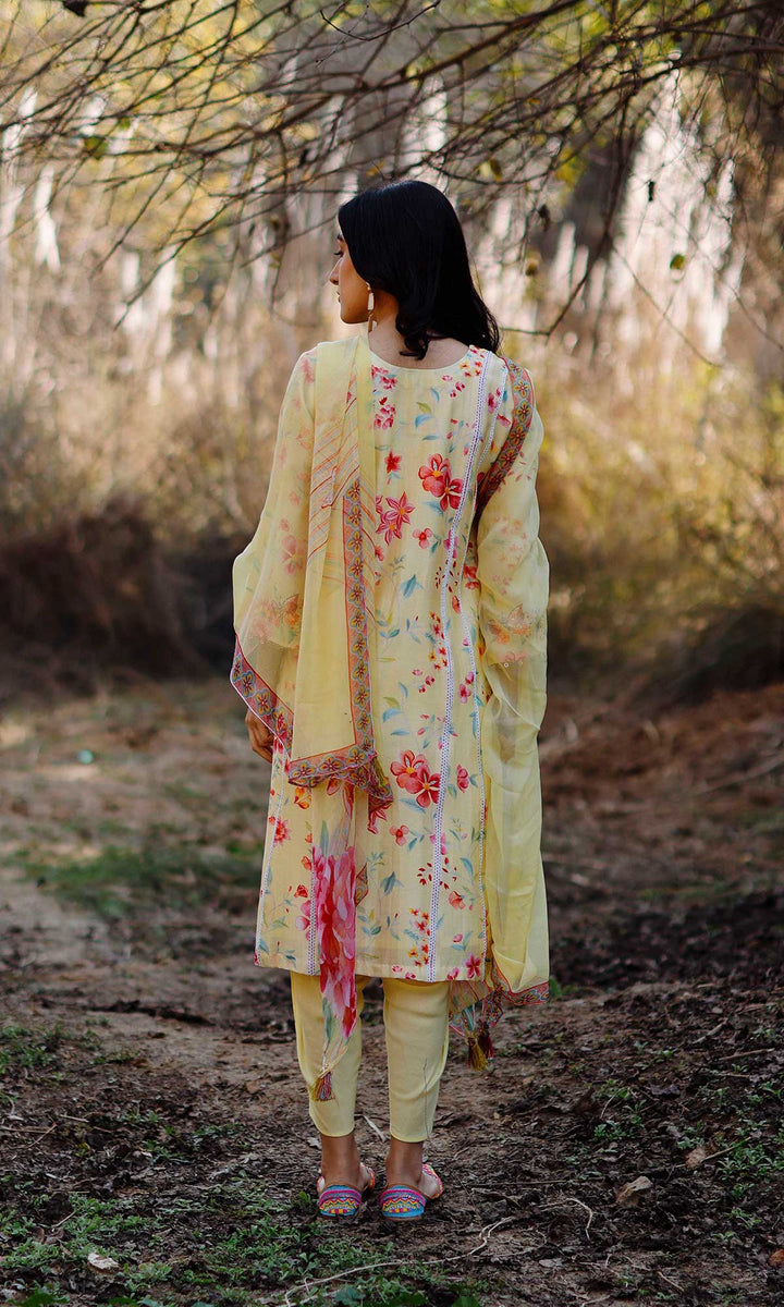 Miraal Set- Periwinkle chanderi hand embroidered kurta with dhoti and dupatta (set of 3)