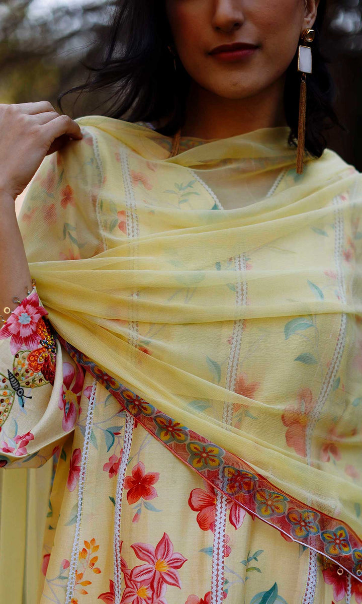 Miraal Set- Periwinkle chanderi hand embroidered kurta with dhoti and dupatta (set of 3)