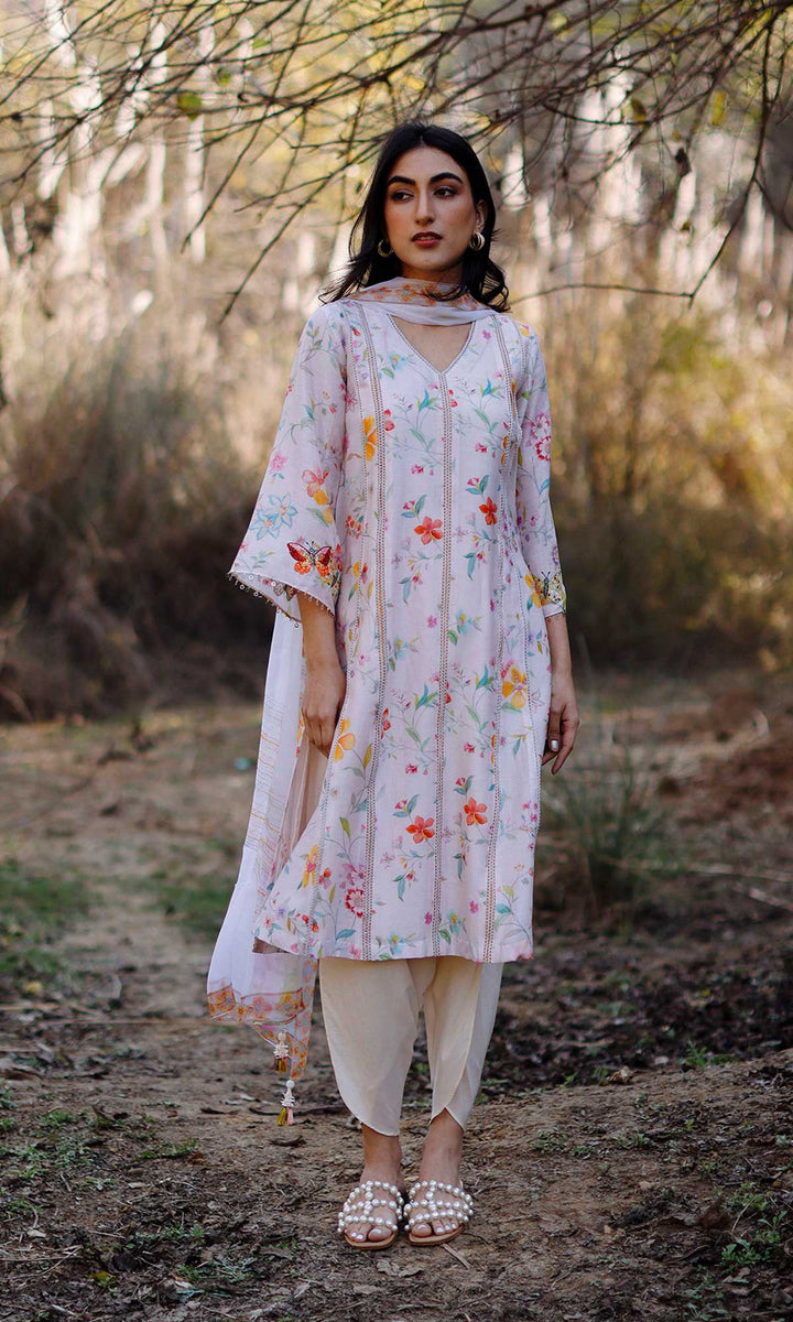 Miraal Set- Periwinkle chanderi hand embroidered kurta with dhoti and dupatta (set of 3)