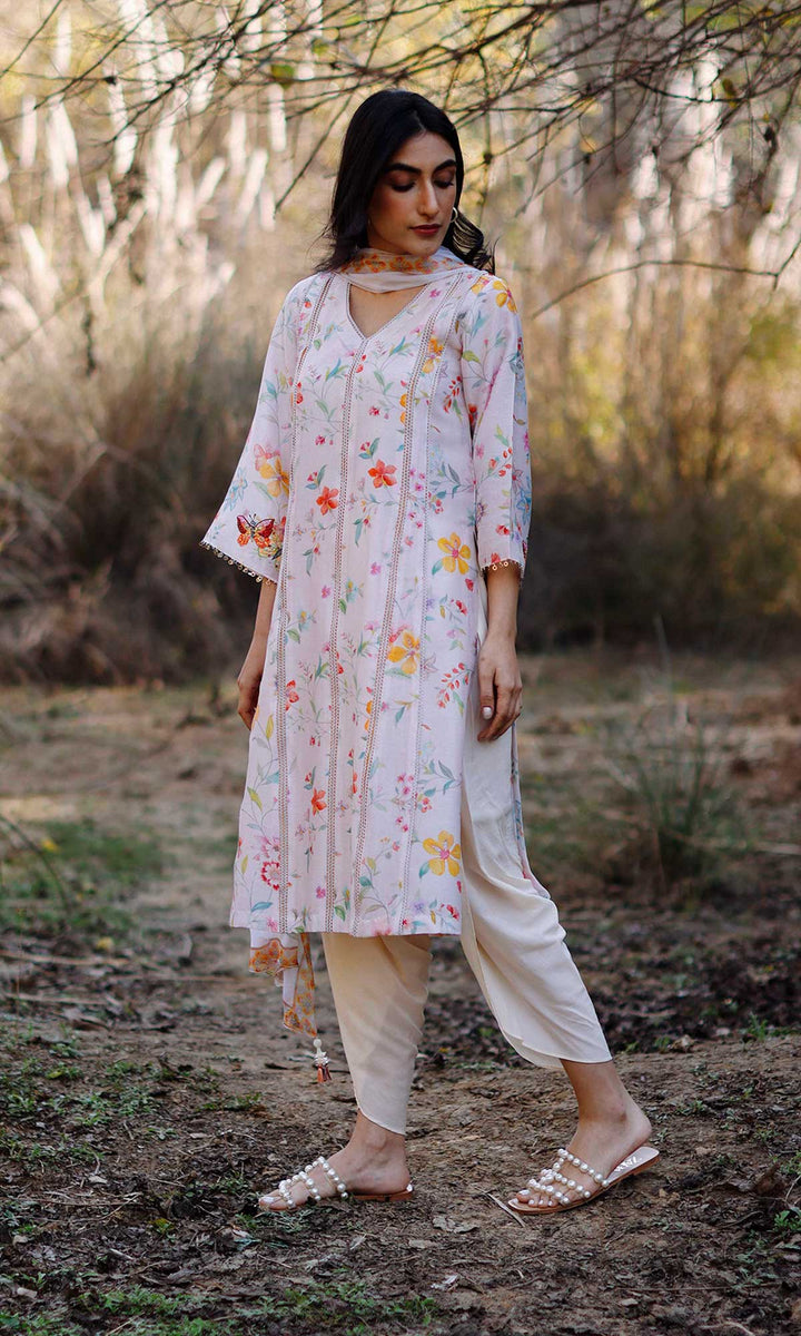 Miraal Set- Periwinkle chanderi hand embroidered kurta with dhoti and dupatta (set of 3)