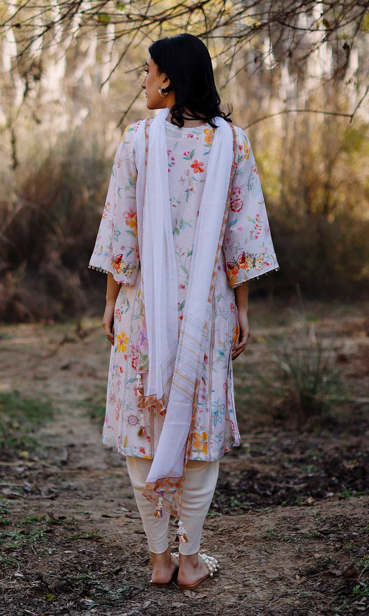 Miraal Set- Periwinkle chanderi hand embroidered kurta with dhoti and dupatta (set of 3)