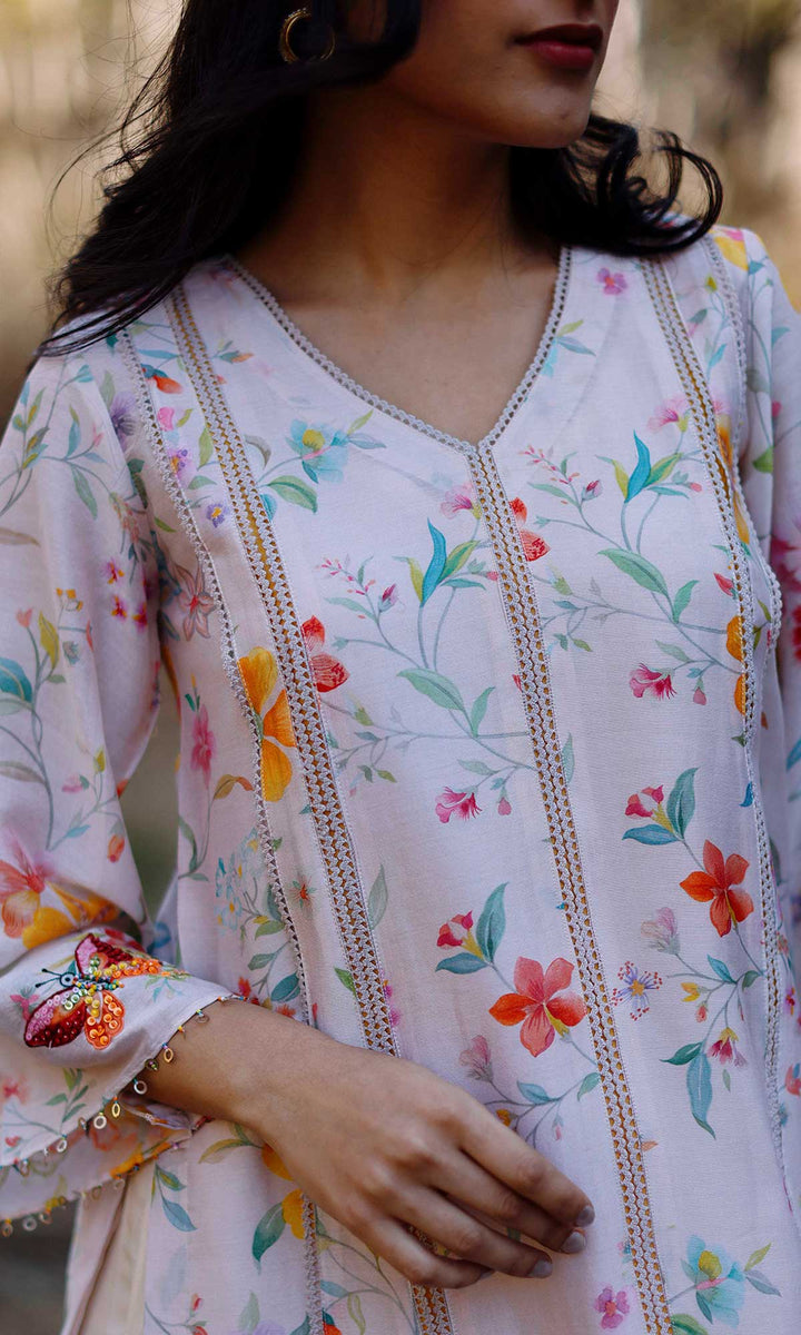 Miraal Set- Periwinkle chanderi hand embroidered kurta with dhoti and dupatta (set of 3)