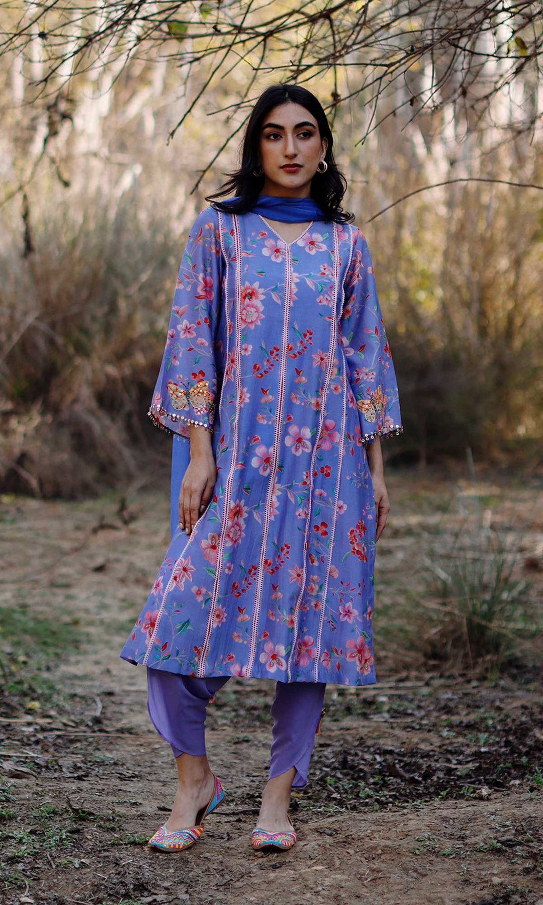 Miraal Set- Periwinkle chanderi hand embroidered kurta with dhoti and dupatta (set of 3)
