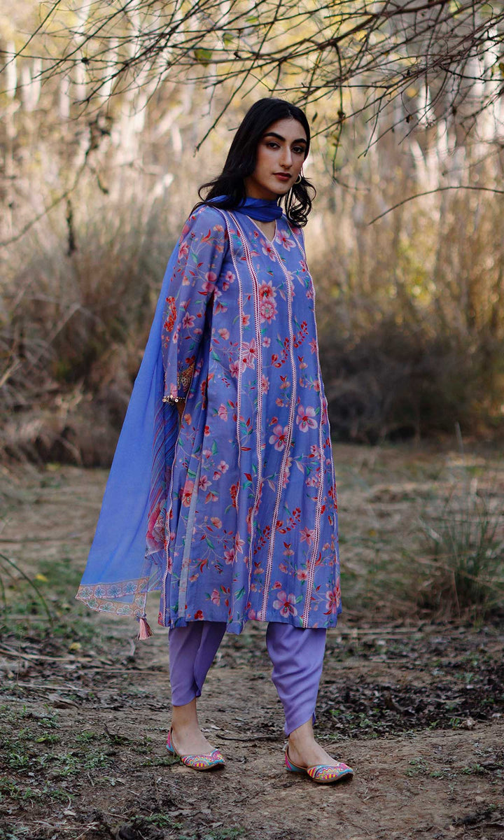 Miraal Set- Periwinkle chanderi hand embroidered kurta with dhoti and dupatta (set of 3)