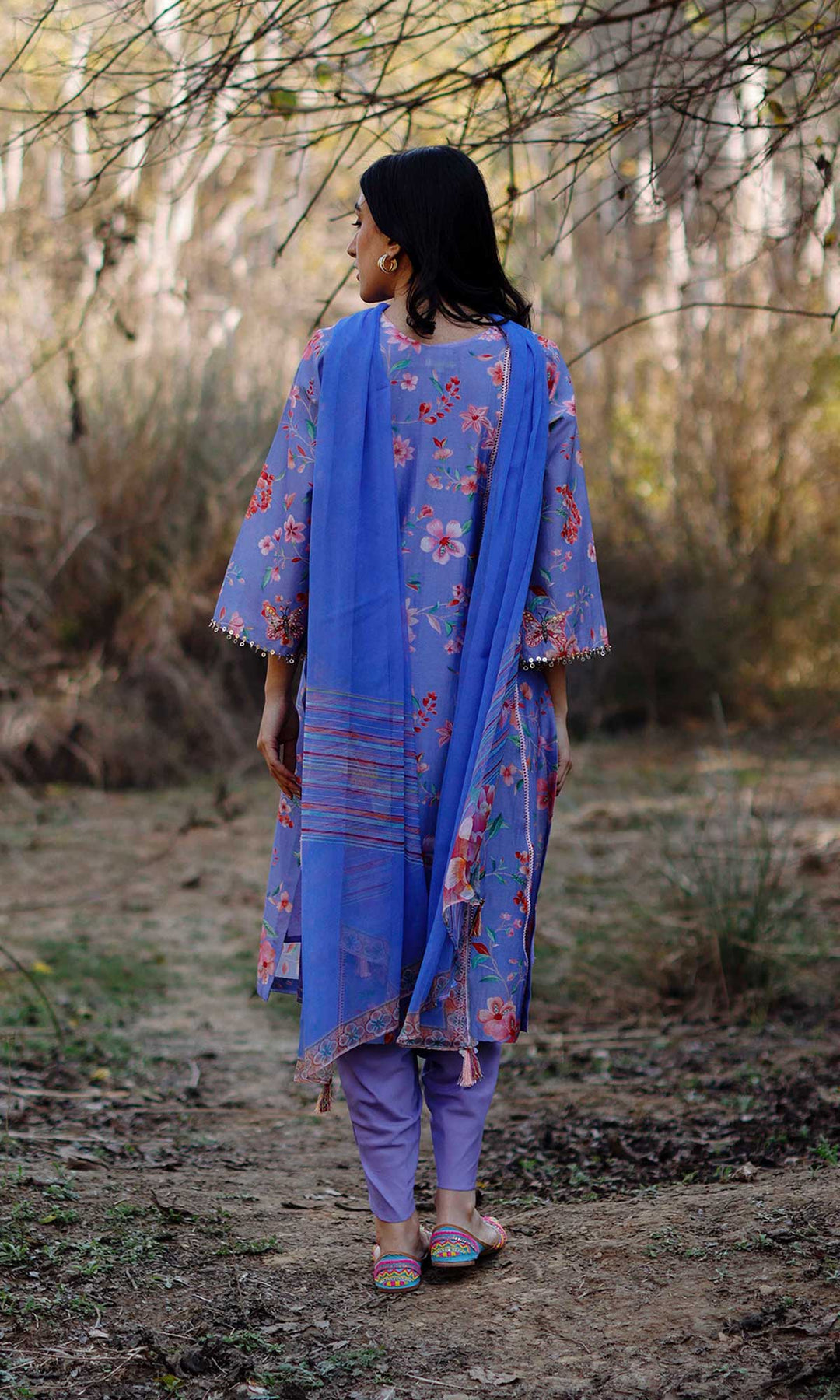 Miraal Set- Periwinkle chanderi hand embroidered kurta with dhoti and dupatta (set of 3)