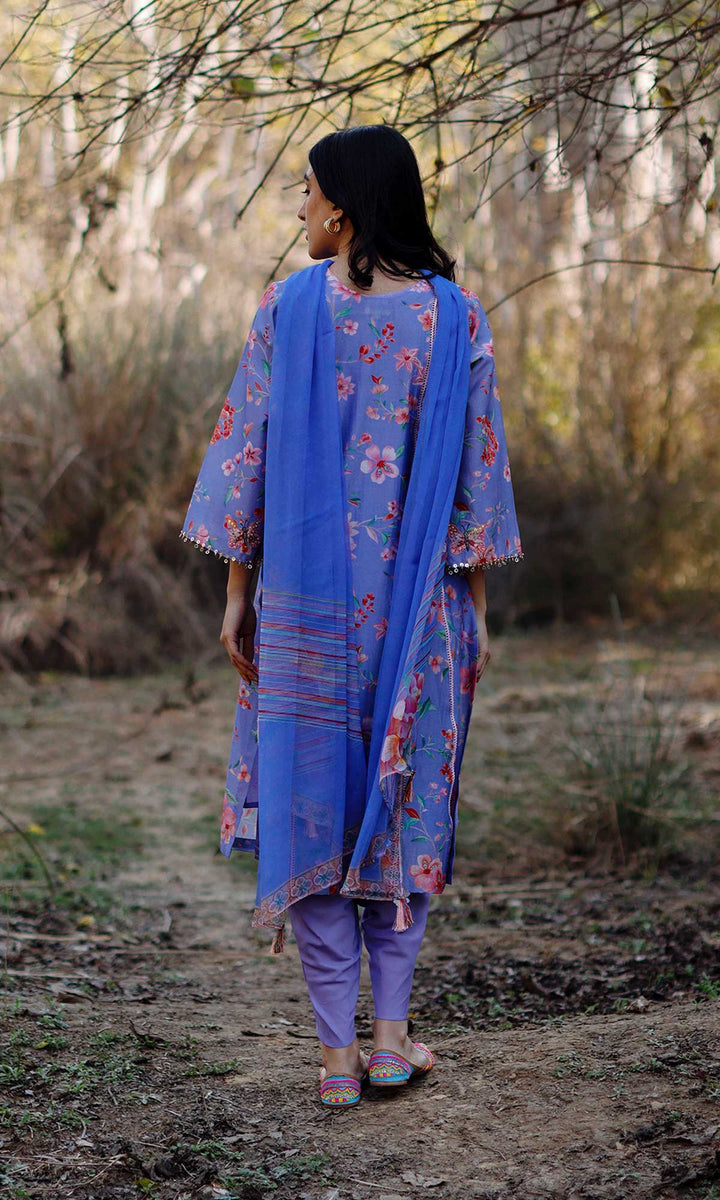 Miraal Set- Periwinkle chanderi hand embroidered kurta with dhoti and dupatta (set of 3)
