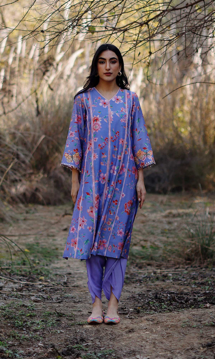 Miraal Set- Periwinkle chanderi hand embroidered kurta with dhoti and dupatta (set of 3)