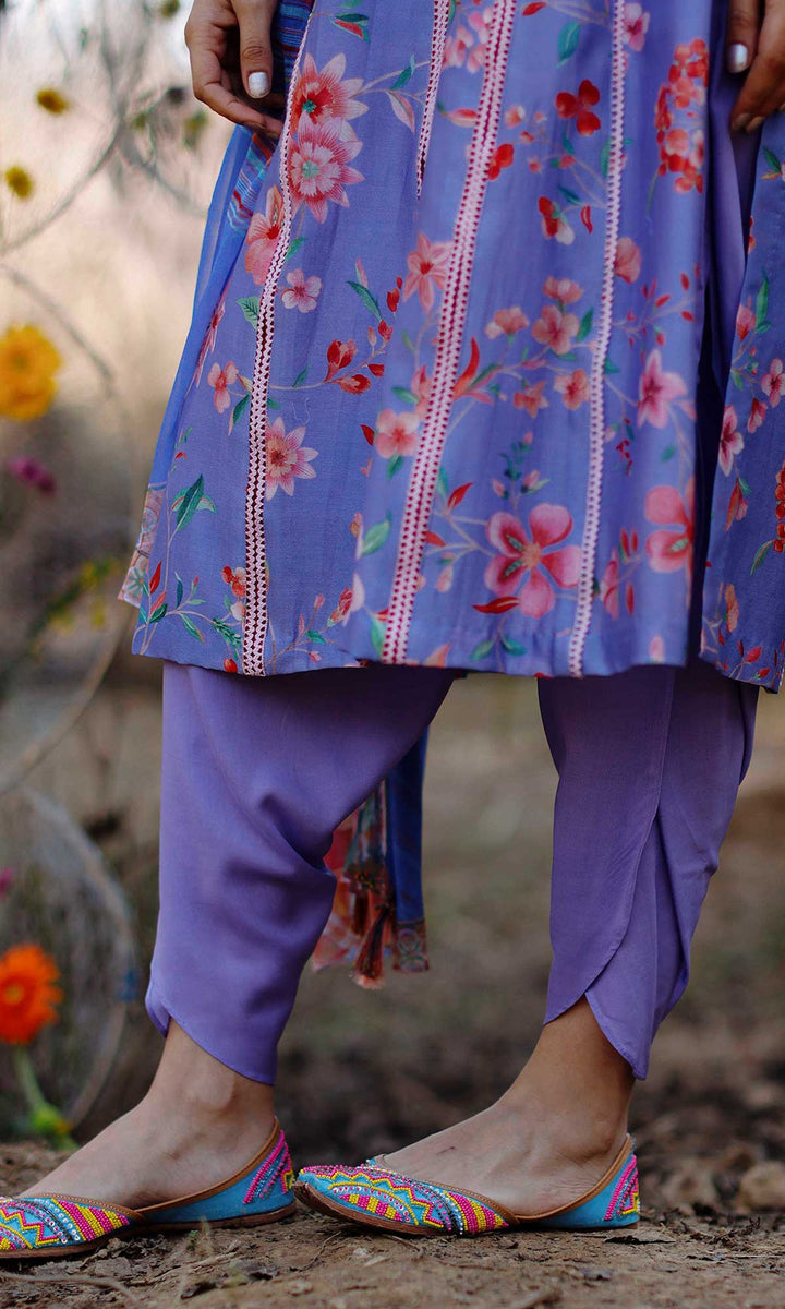 Miraal Set- Periwinkle chanderi hand embroidered kurta with dhoti and dupatta (set of 3)