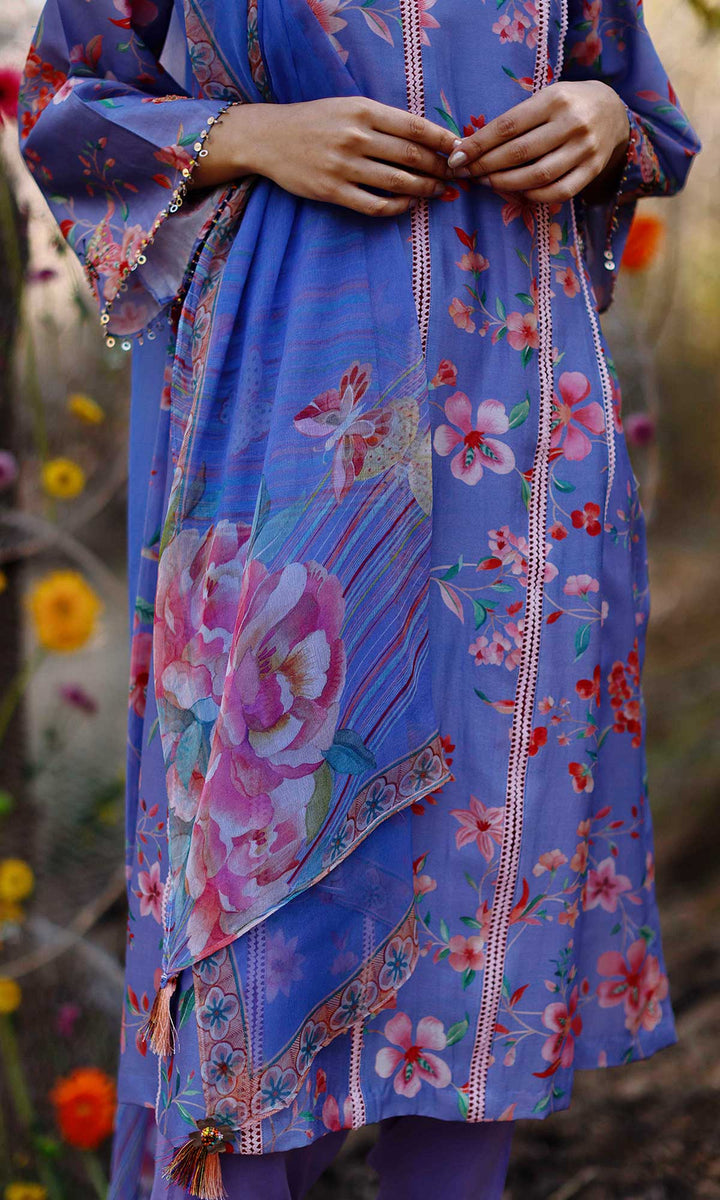 Miraal Set- Periwinkle chanderi hand embroidered kurta with dhoti and dupatta (set of 3)