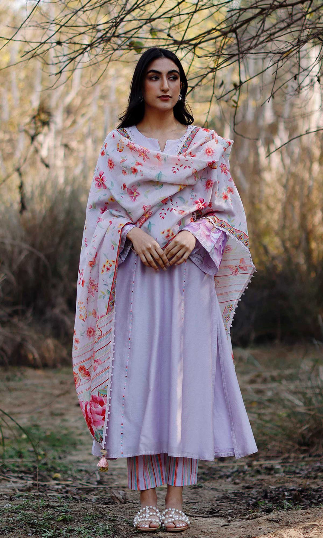 Aafreen Set- Lilac chanderi patchwork kurta with pants and dupatta (set of 3)