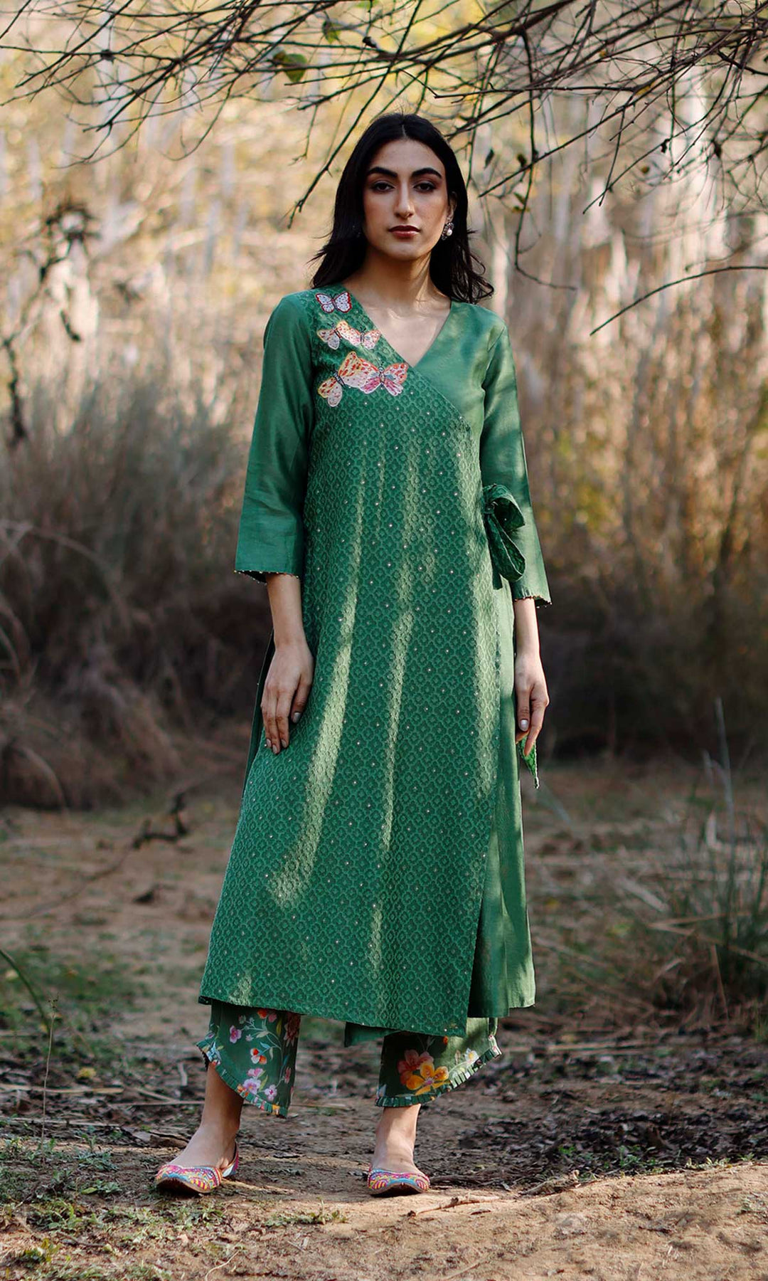 Aynoor Set- Olive jamdani chanderi wrap kurta with printed Pants (set of 2)