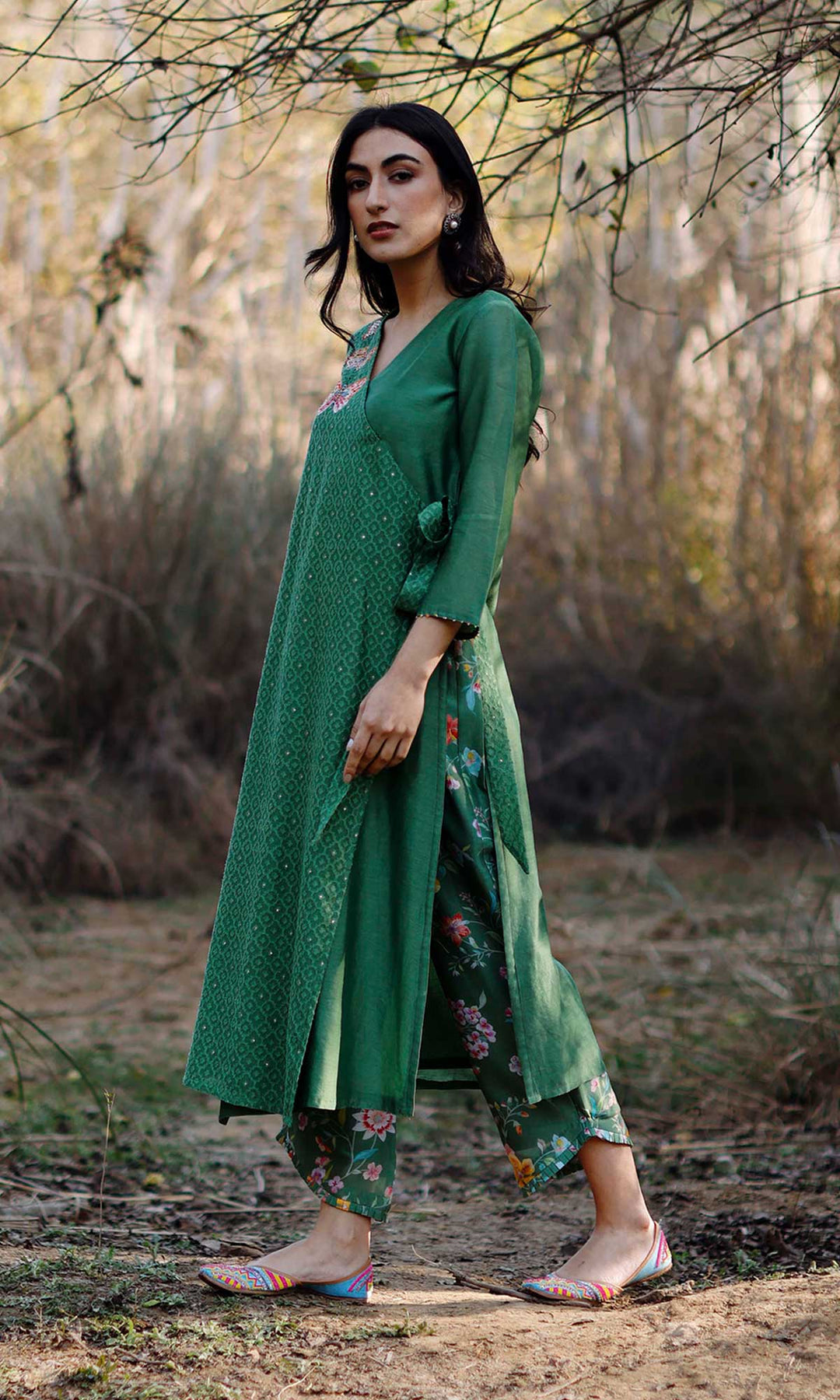 Aynoor Set- Olive jamdani chanderi wrap kurta with printed Pants (set of 2)