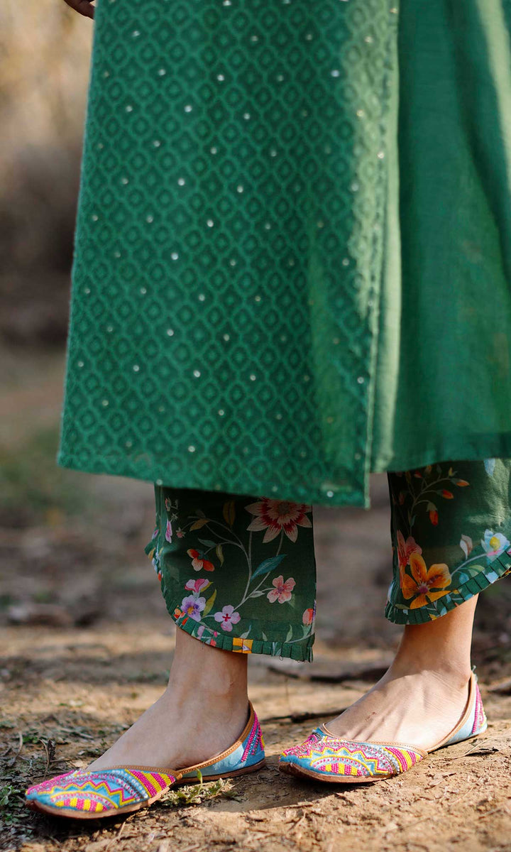 Aynoor Set- Olive jamdani chanderi wrap kurta with printed Pants (set of 2)