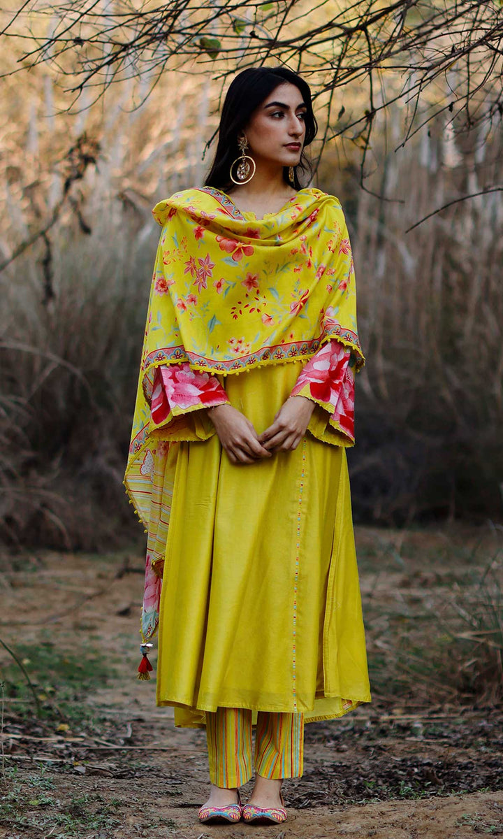 Aafreen Set- Lime chanderi patchwork kurta with pants and dupatta (set of 3)