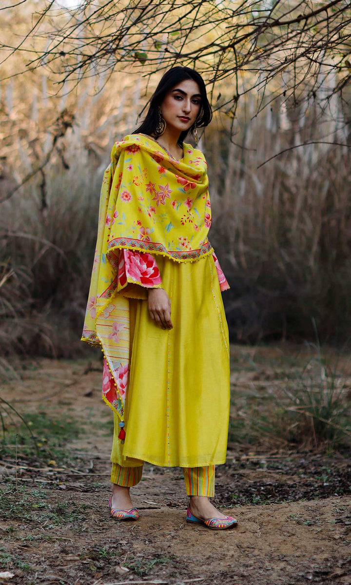 Aafreen Set- Lime chanderi patchwork kurta with pants and dupatta (set of 3)