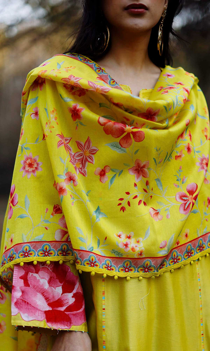 Aafreen Set- Lime chanderi patchwork kurta with pants and dupatta (set of 3)