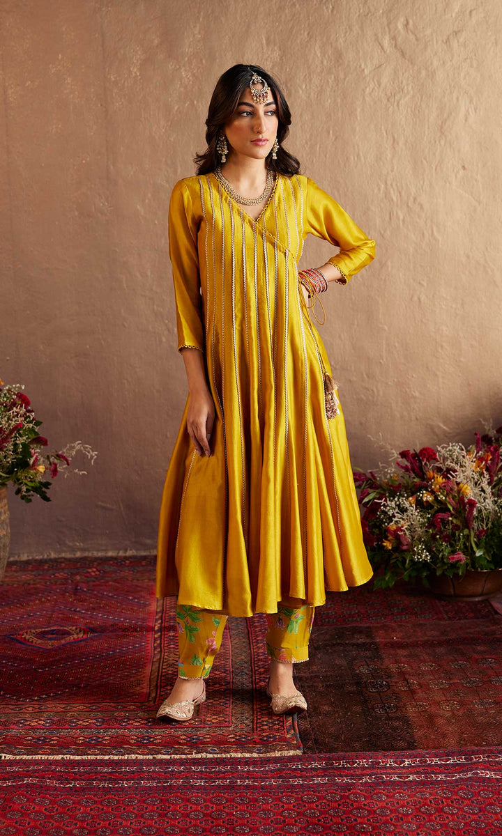 Zara Set- Mustard chanderi angrakha with salwar and embroidered dupatta (set of 3)