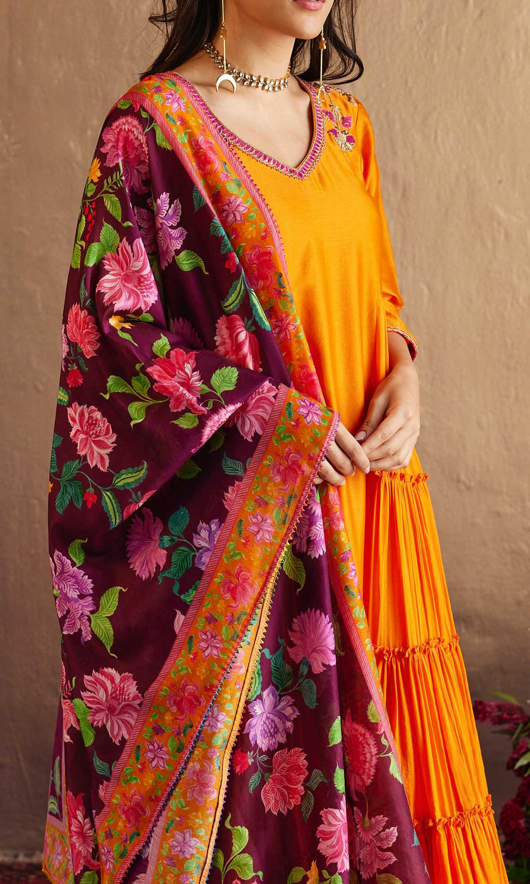 Qirat Set- Orange chanderi-mulmul hand embroidered kurta with pant and dupatta (set of 3)