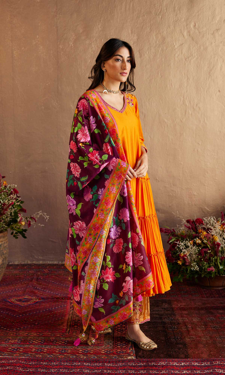 Qirat Set- Orange chanderi-mulmul hand embroidered kurta with pant and dupatta (set of 3)