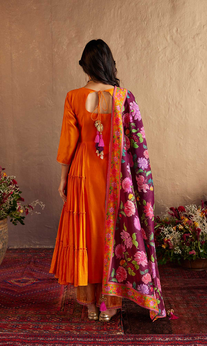 Qirat Set- Orange chanderi-mulmul hand embroidered kurta with pant and dupatta (set of 3)