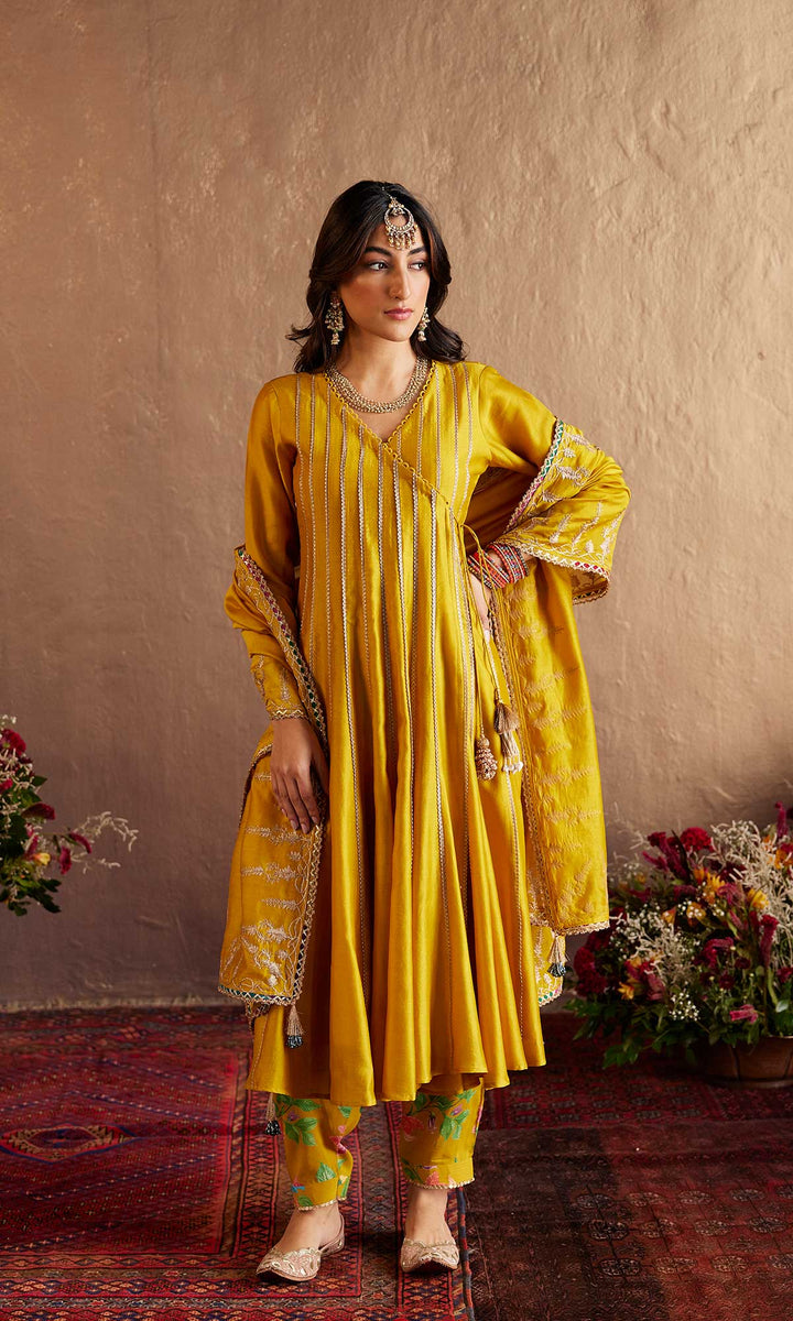 Zara Set- Mustard chanderi angrakha with salwar and embroidered dupatta (set of 3)