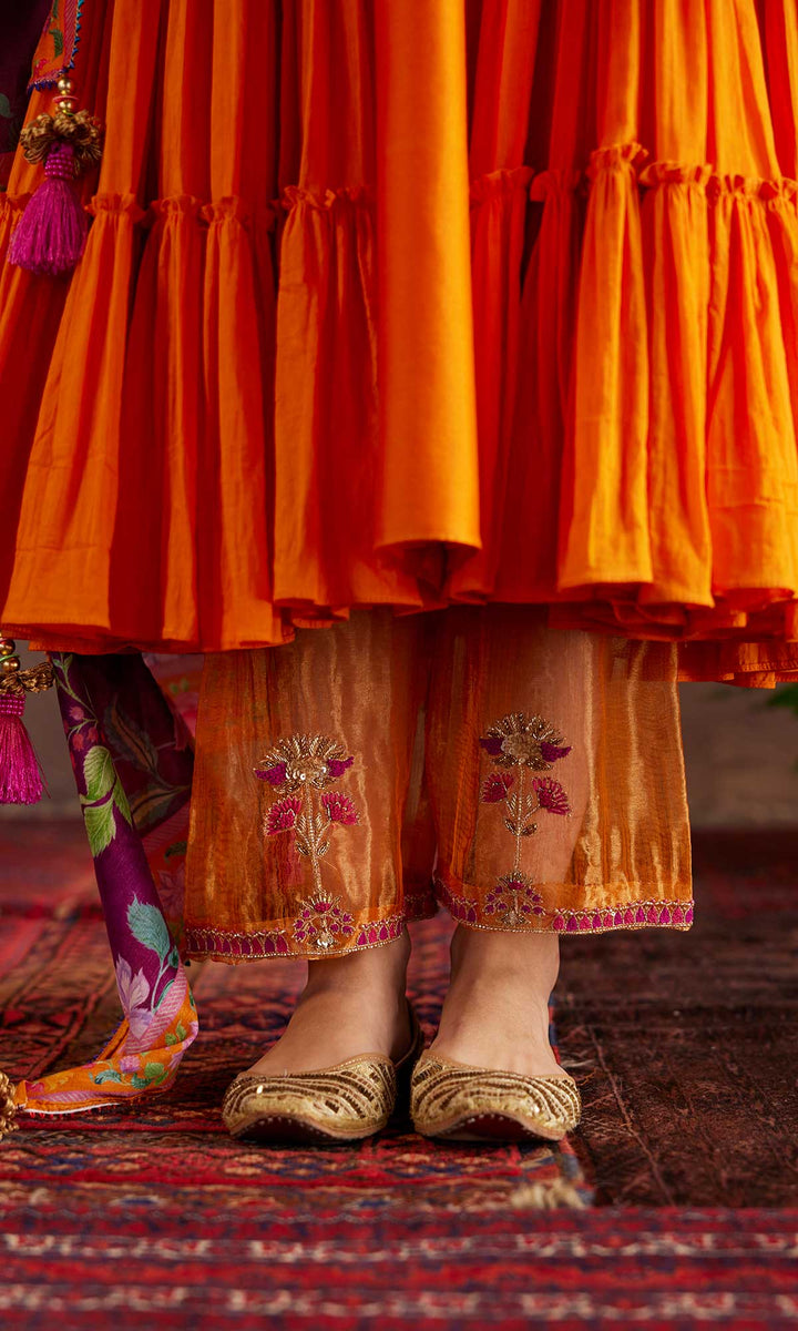 Qirat Set- Orange chanderi-mulmul hand embroidered kurta with pant and dupatta (set of 3)