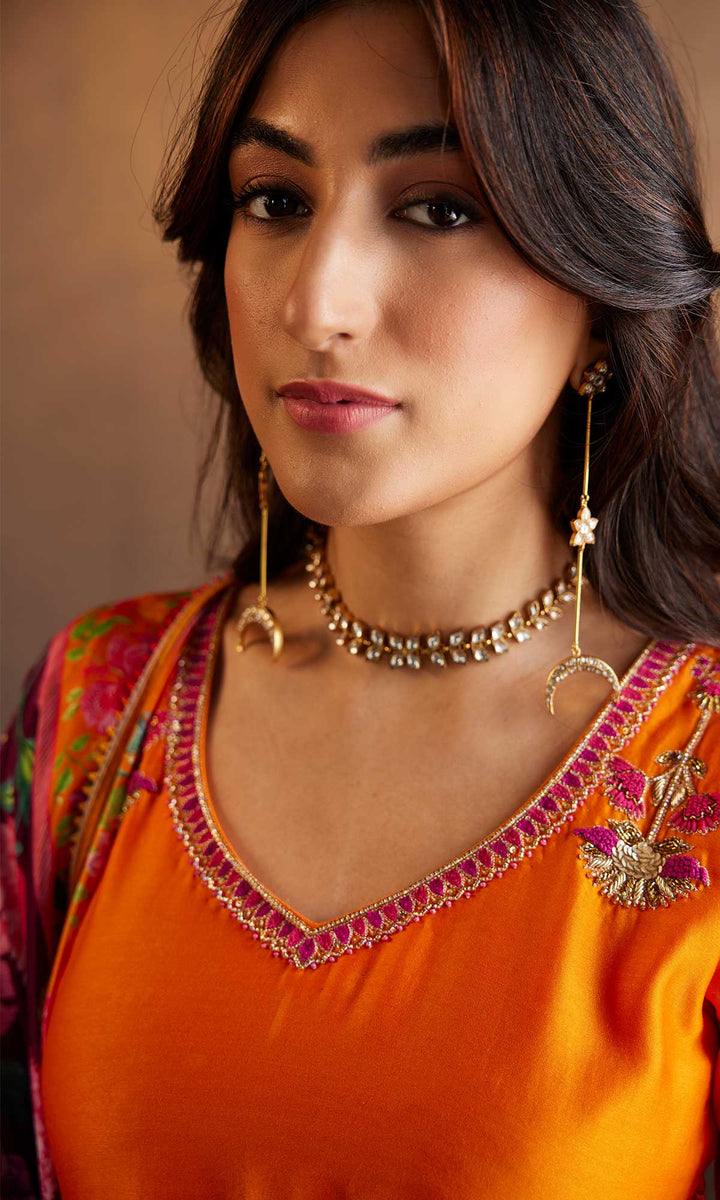 Qirat Set- Orange chanderi-mulmul hand embroidered kurta with pant and dupatta (set of 3)