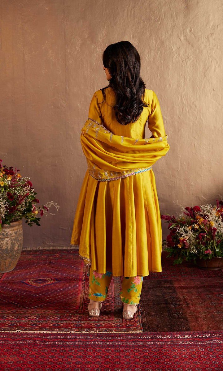 Zara Set- Mustard chanderi angrakha with salwar and embroidered dupatta (set of 3)
