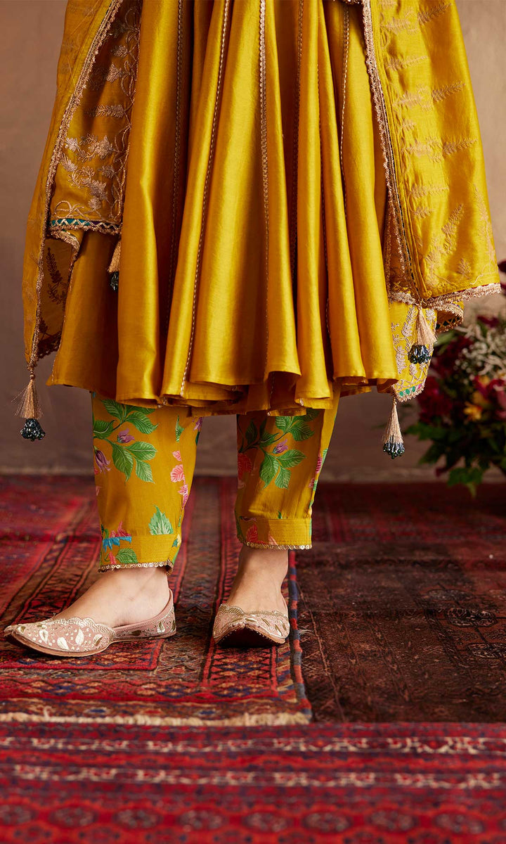 Zara Set- Mustard chanderi angrakha with salwar and embroidered dupatta (set of 3)