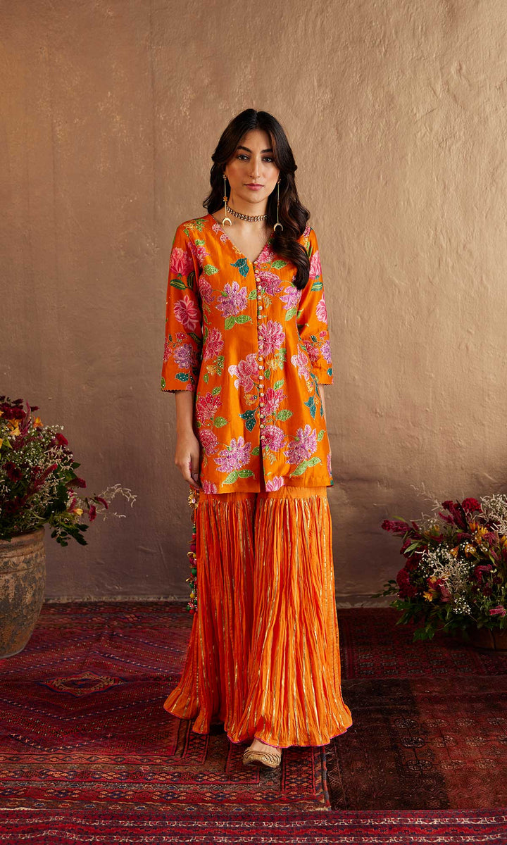 Saira Set- Orange chanderi hand embroidered sharara set (set of 3)