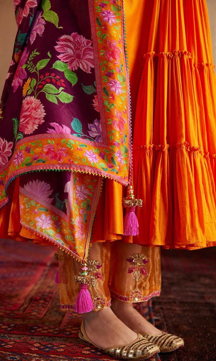 Qirat Set- Orange chanderi-mulmul hand embroidered kurta with pant and dupatta (set of 3)