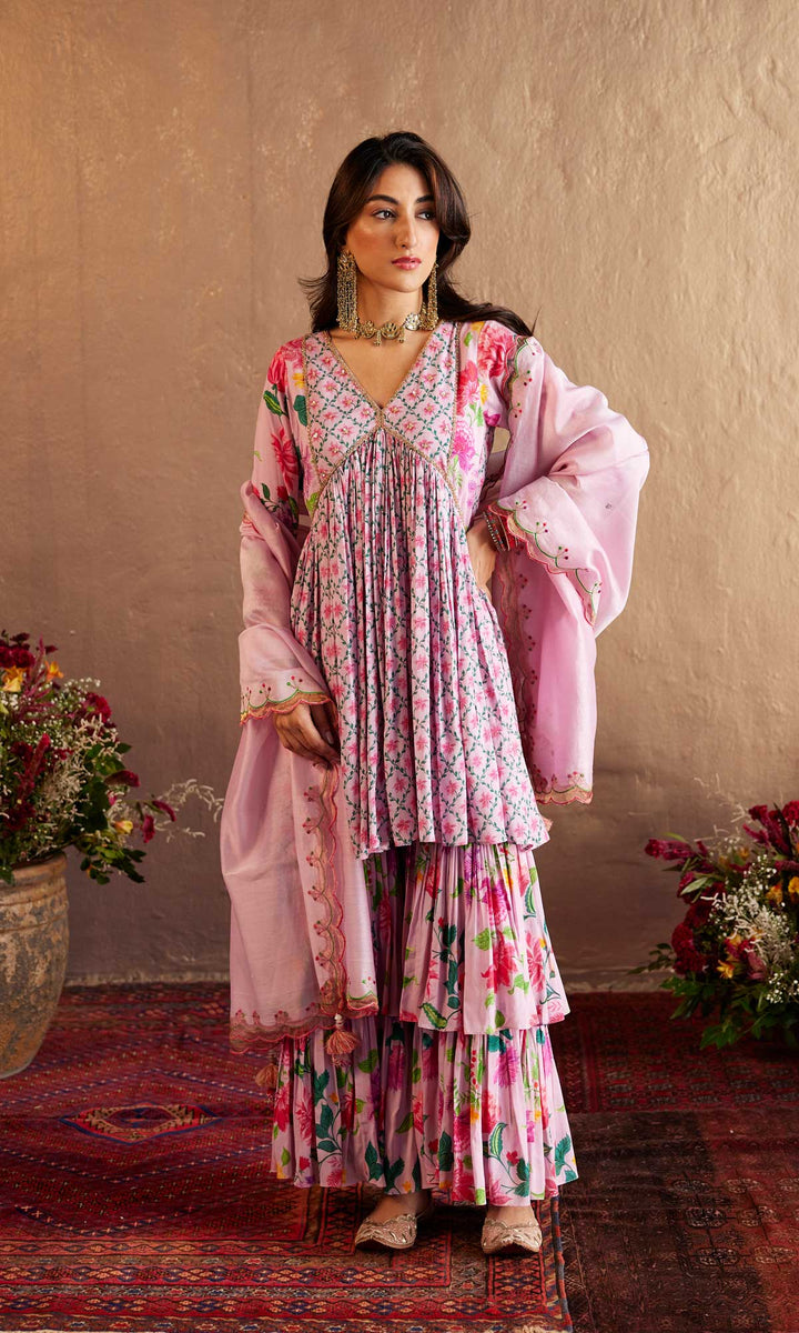 Niqhat Set- Pink chanderi hand embroidered double layered sharara set (set of 3)