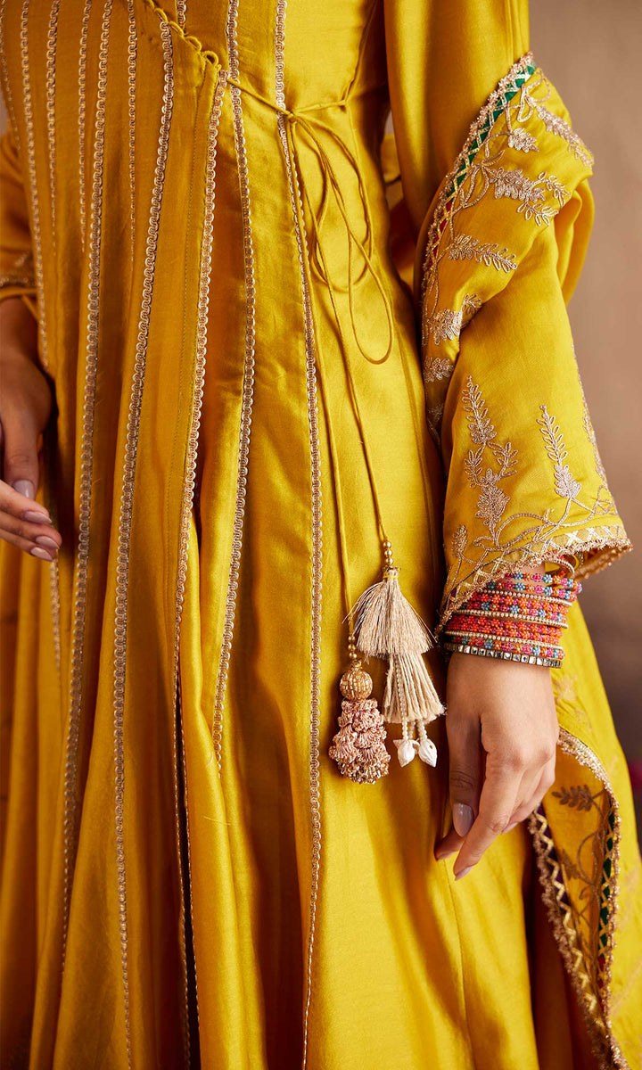 Zara Set- Mustard chanderi angrakha with salwar and embroidered dupatta (set of 3)