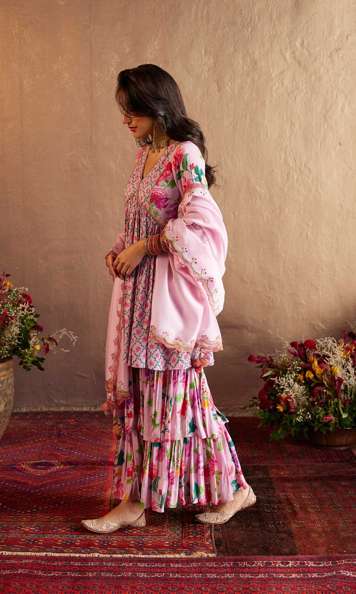 Niqhat Set- Pink chanderi hand embroidered double layered sharara set (set of 3)