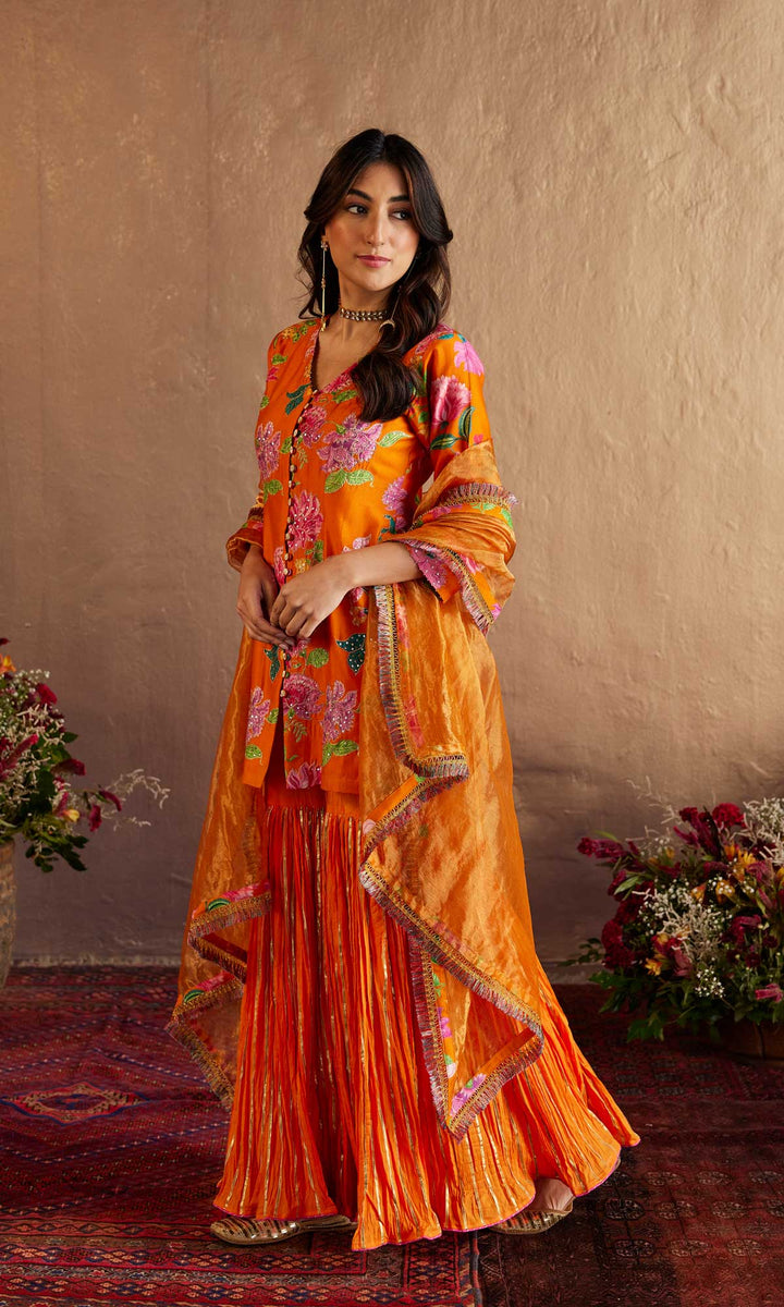 Saira Set- Orange chanderi hand embroidered sharara set (set of 3)