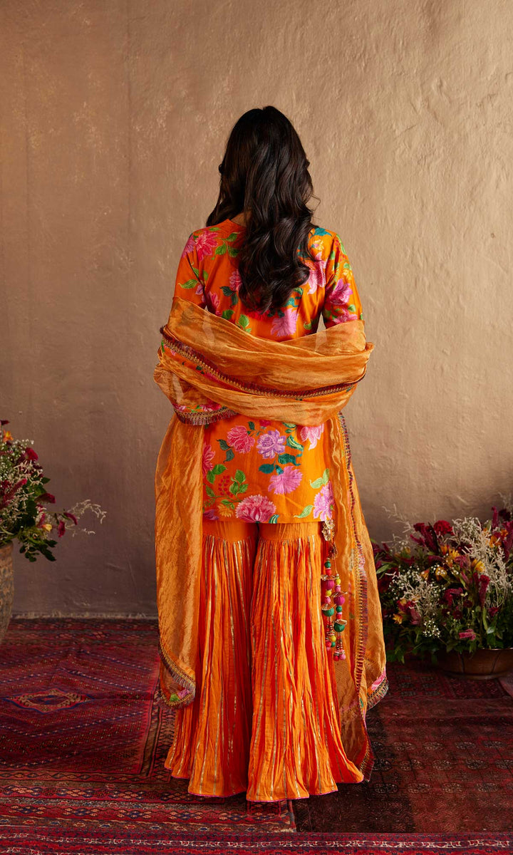 Saira Set- Orange chanderi hand embroidered sharara set (set of 3)