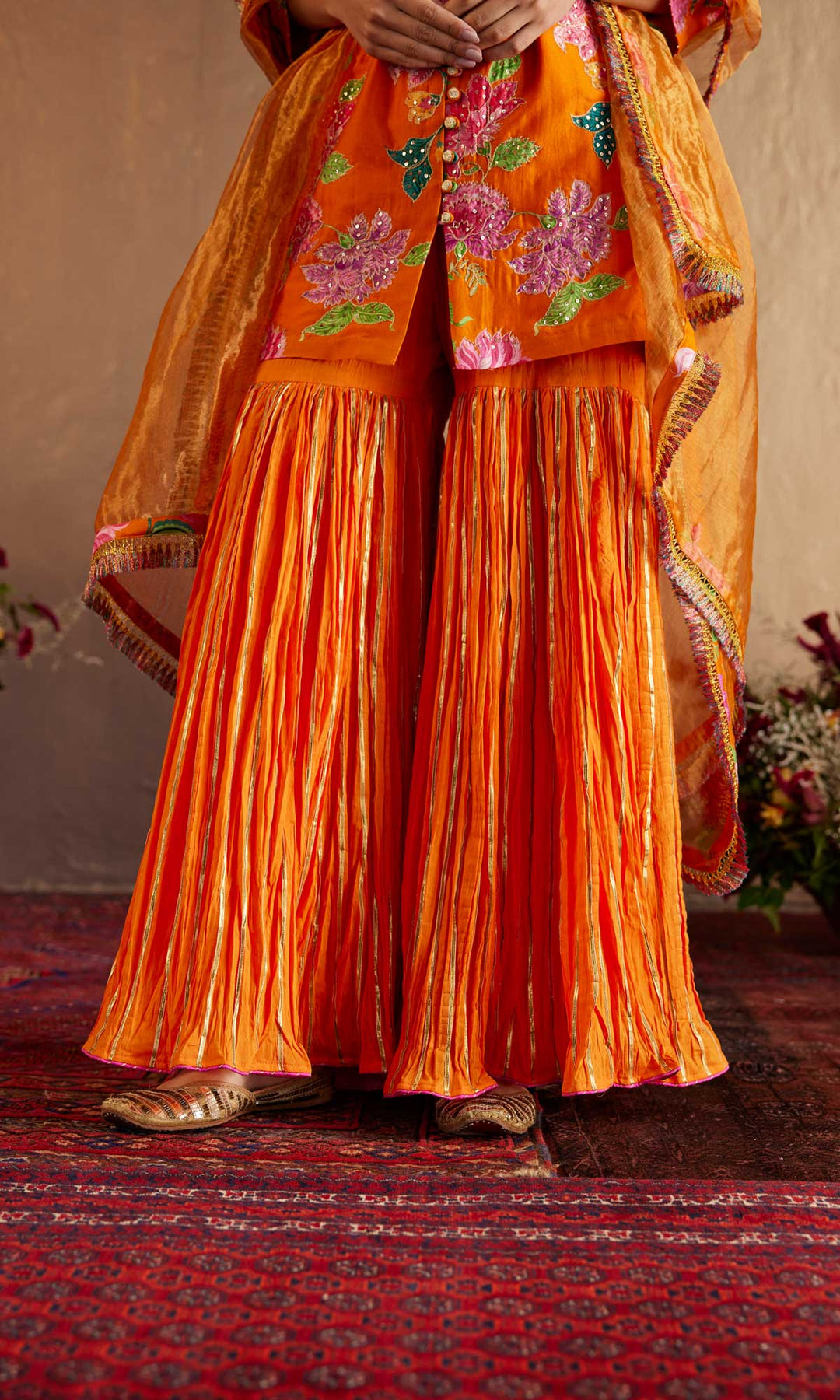 Saira Set- Orange chanderi hand embroidered sharara set (set of 3)