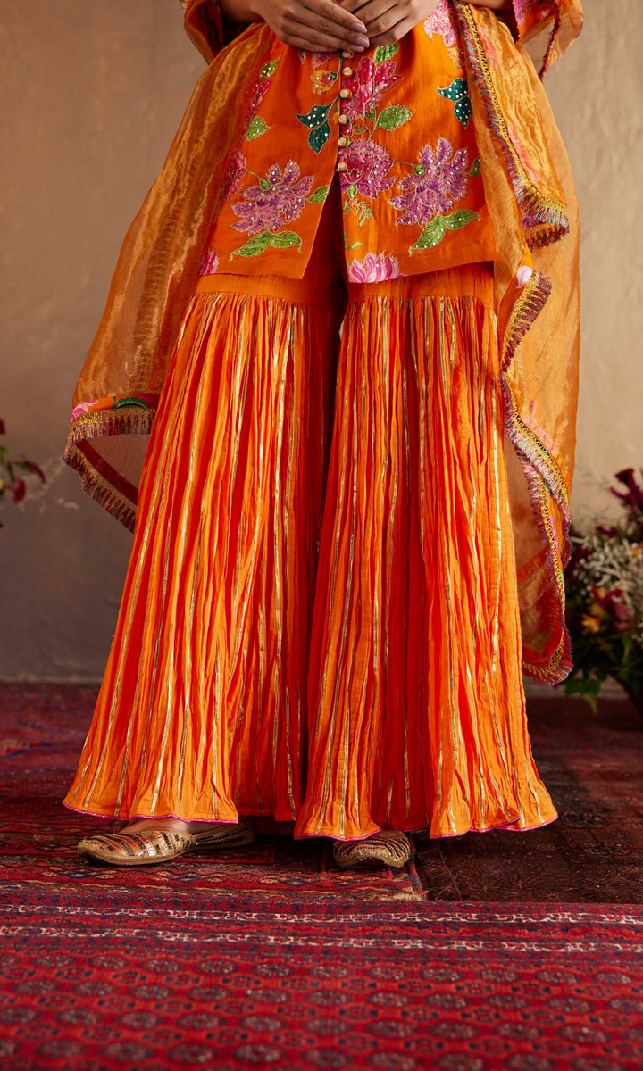Saira Set- Orange chanderi hand embroidered sharara set (set of 3)