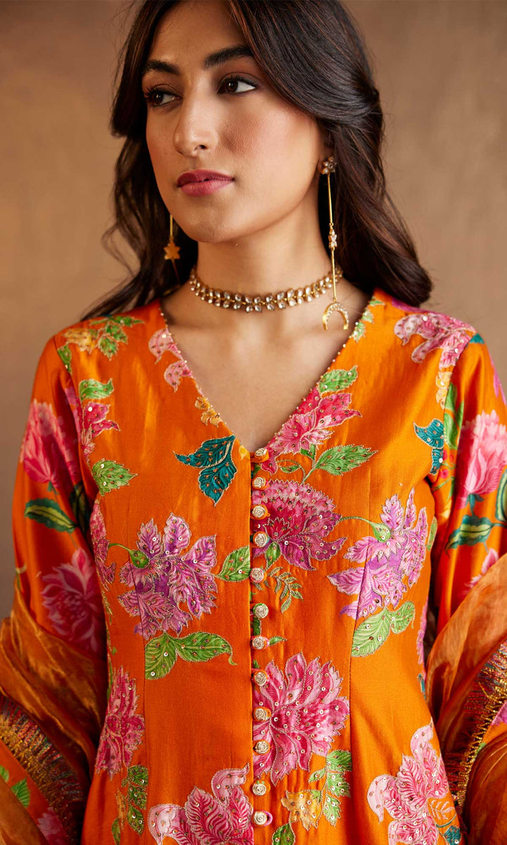 Saira Set- Orange chanderi hand embroidered sharara set (set of 3)