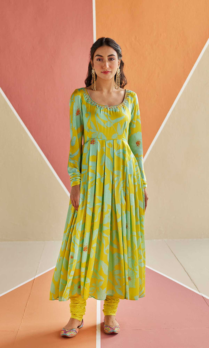 Noor Set- Lime & Cyan silk satin hand embroidered anarkali with churidar and dupatta (set of 3)