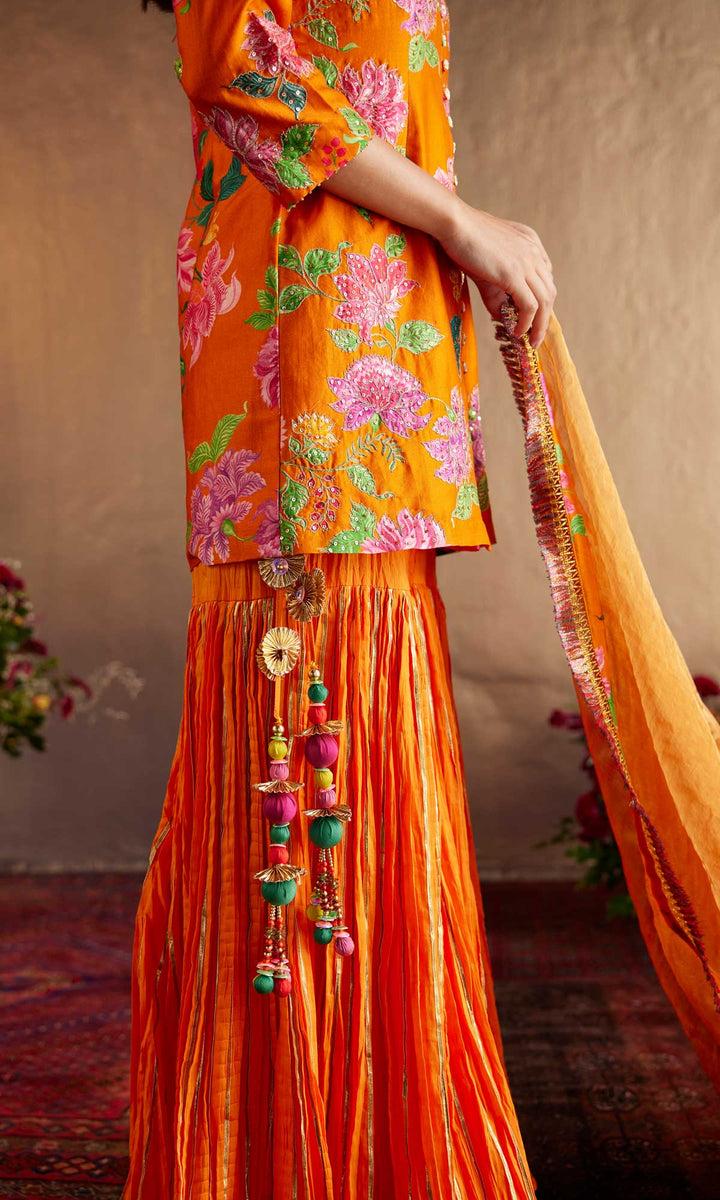 Saira Set- Orange chanderi hand embroidered sharara set (set of 3)