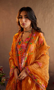 Saira Set- Orange chanderi hand embroidered sharara set (set of 3)