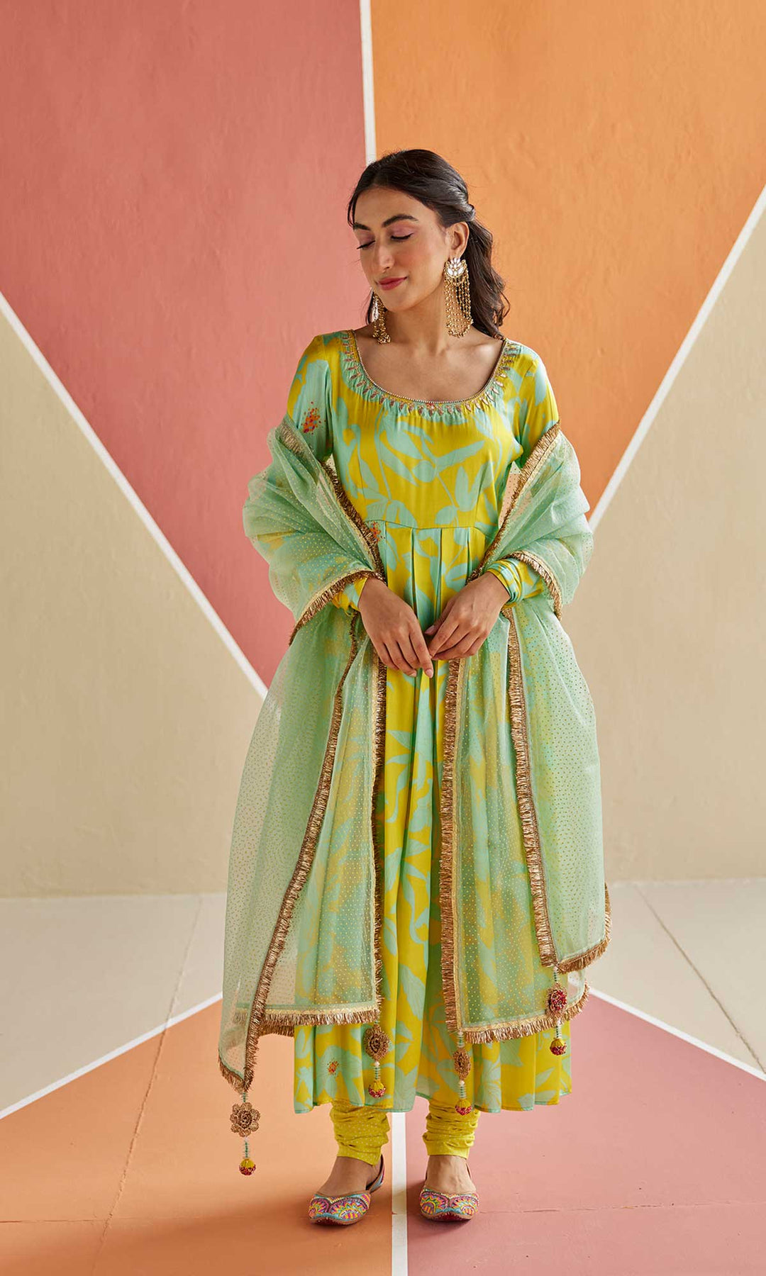 Noor Set- Lime & Cyan silk satin hand embroidered anarkali with churidar and dupatta (set of 3)