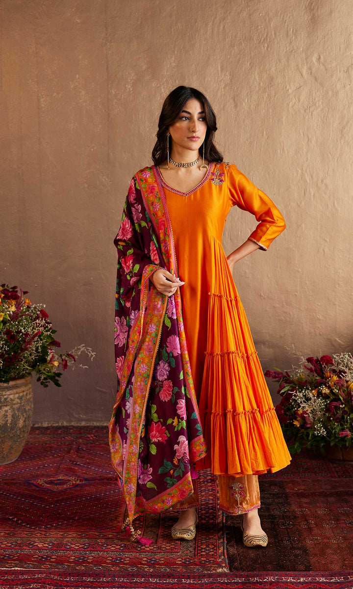 Qirat Set- Orange chanderi-mulmul hand embroidered kurta with pant and dupatta (set of 3)