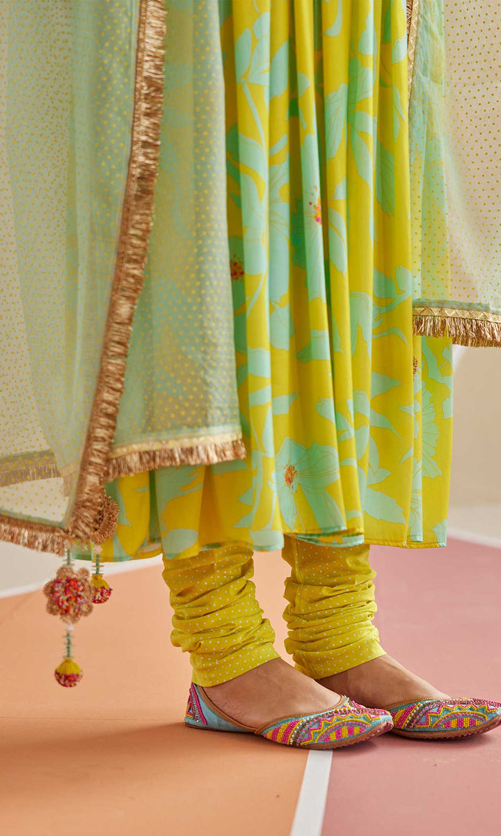 Noor Set- Lime & Cyan silk satin hand embroidered anarkali with churidar and dupatta (set of 3)