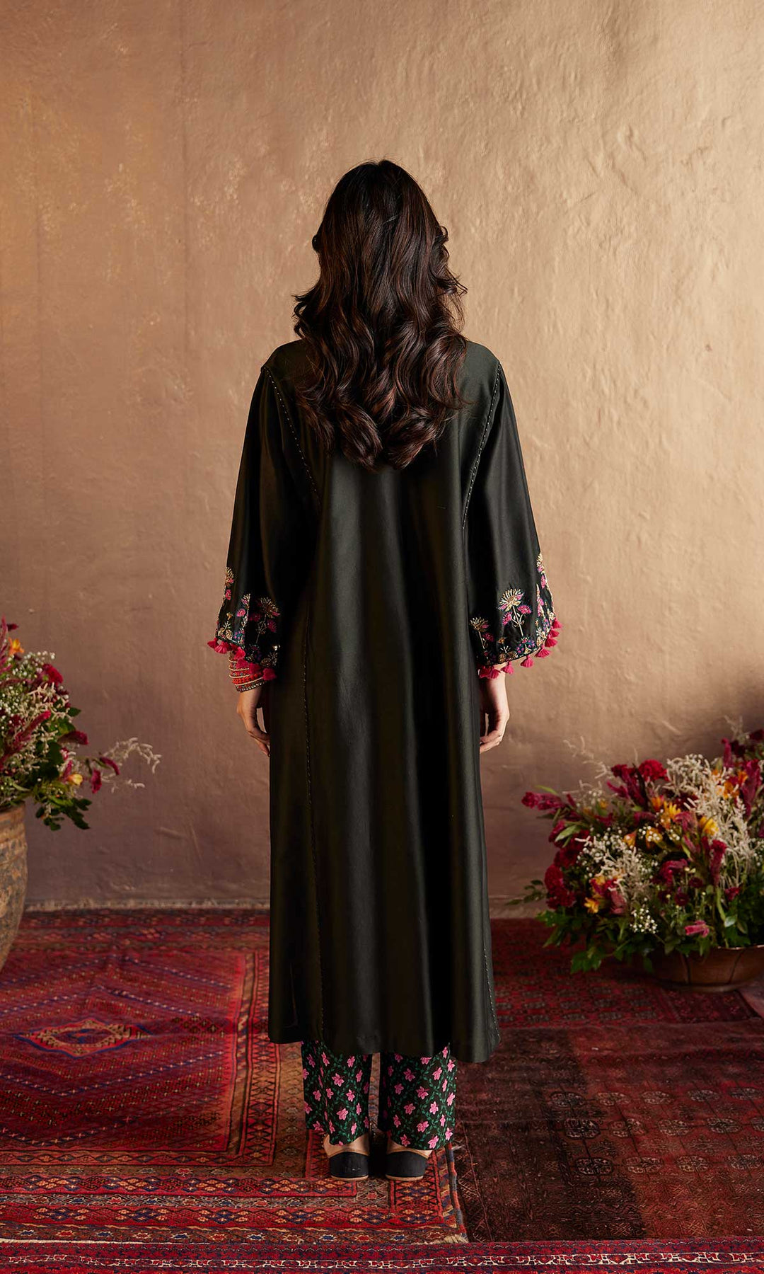 Maryam Set- Black chanderi hand embroidered kaftan with printed pants (set of 2)