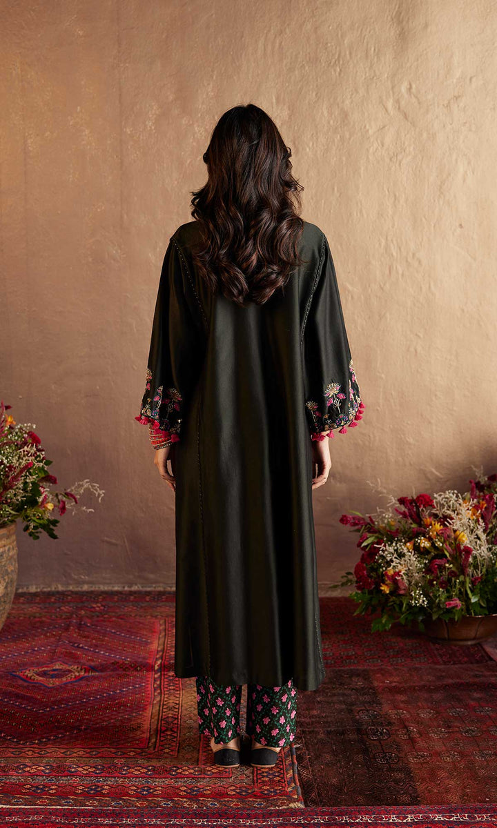 Maryam Set- Black chanderi hand embroidered kaftan with printed pants (set of 2)